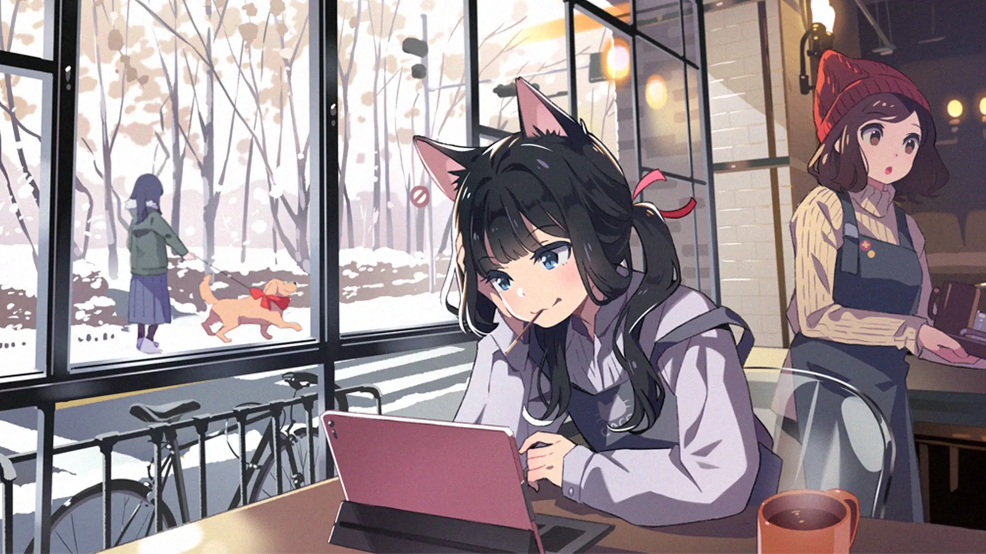 A cat girl working on a laptop while eating a choco stick